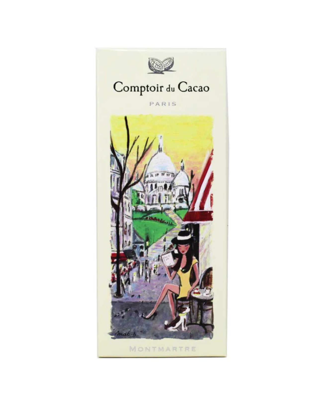 chocolate bar with woman sitting at cafe in montmatte france Comptoir du Cacao 72% Dark Chocolate Bar, Paris Montmartre 80g (2.8 oz)
