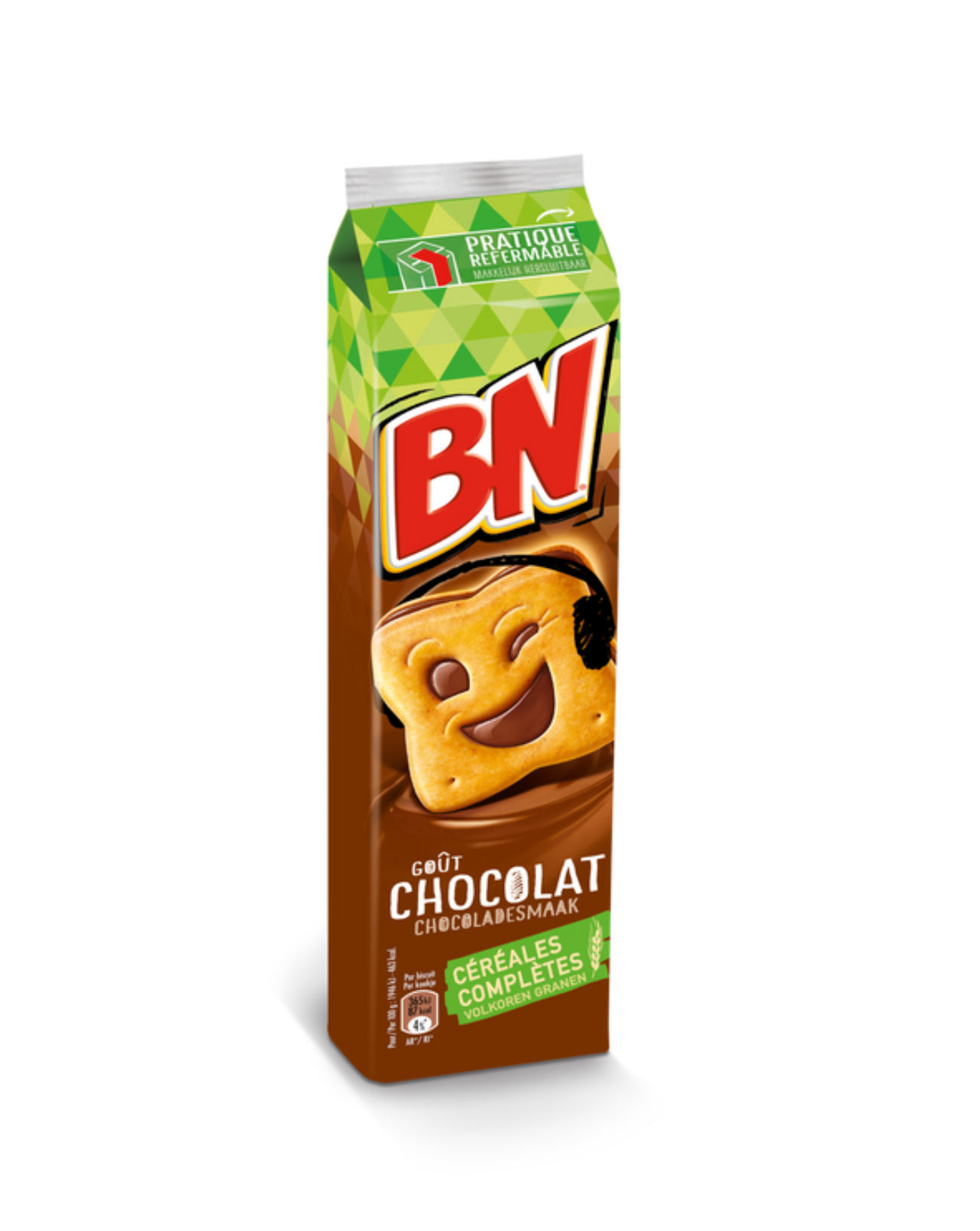 Bm Chocolate biscuit box with smiling blinking biscuit in chocolate illustration