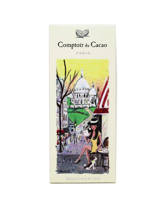 chocolate bar with woman sitting at cafe in montmatte france Comptoir du Cacao 72% Dark Chocolate Bar, Paris Montmartre 80g (2.8 oz)