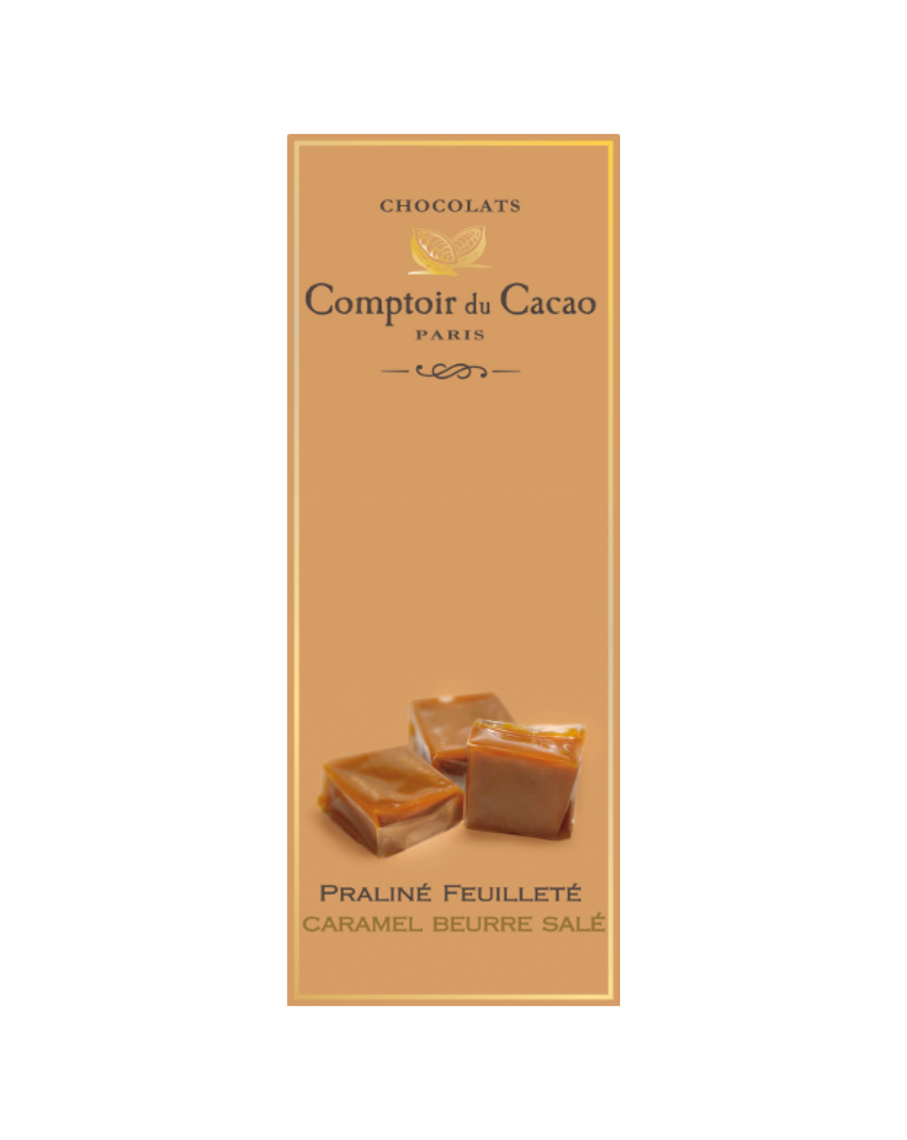 caramel colored background packaging for Comptoir du Cacao Dark Chocolate Bar w/Salted Butter Caramel 90g (3.2 oz)