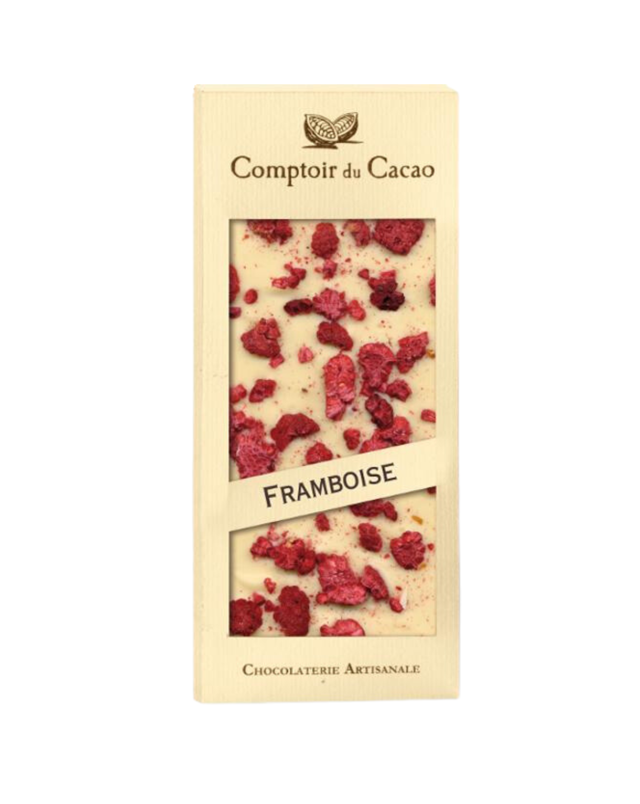 packaging with see-through window of Comptoir du Cacao White Chocolate Bar with Raspberries - 90g (3.2 oz)
