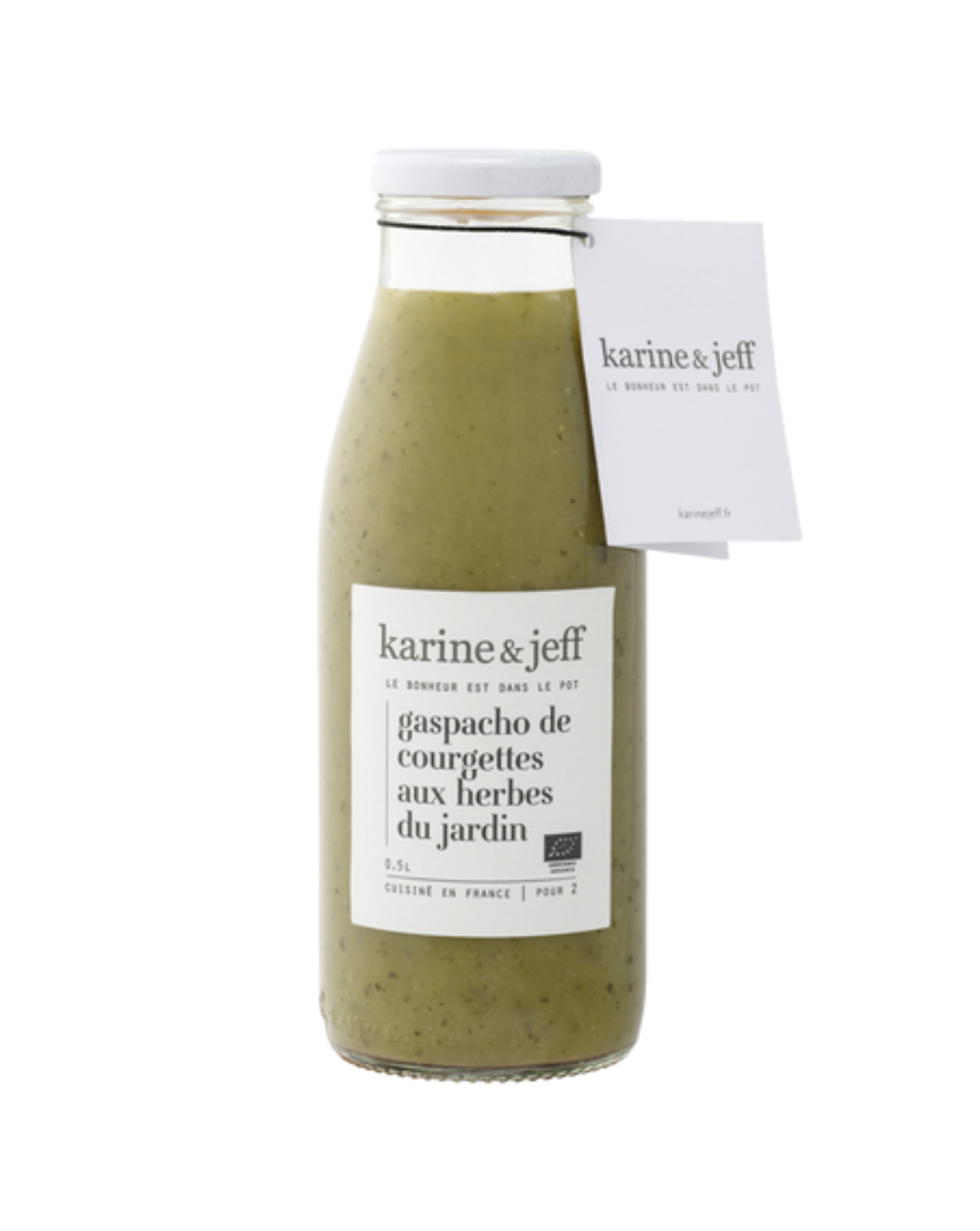 glass bottle of Karine et Jeff Gazpacho w/Zucchini And Basil, Organic 50cl (16.9 fl oz)