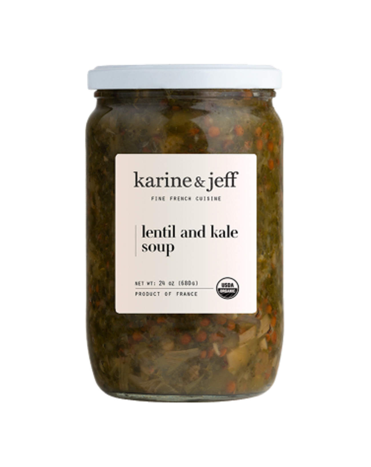 glass jar of Karine et Jeff Lentil And Kale Soup, Organic  680g (1.5 lb)