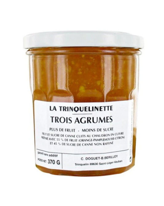 glass jar of La Trinquelinette trois agrumes three citrus jam