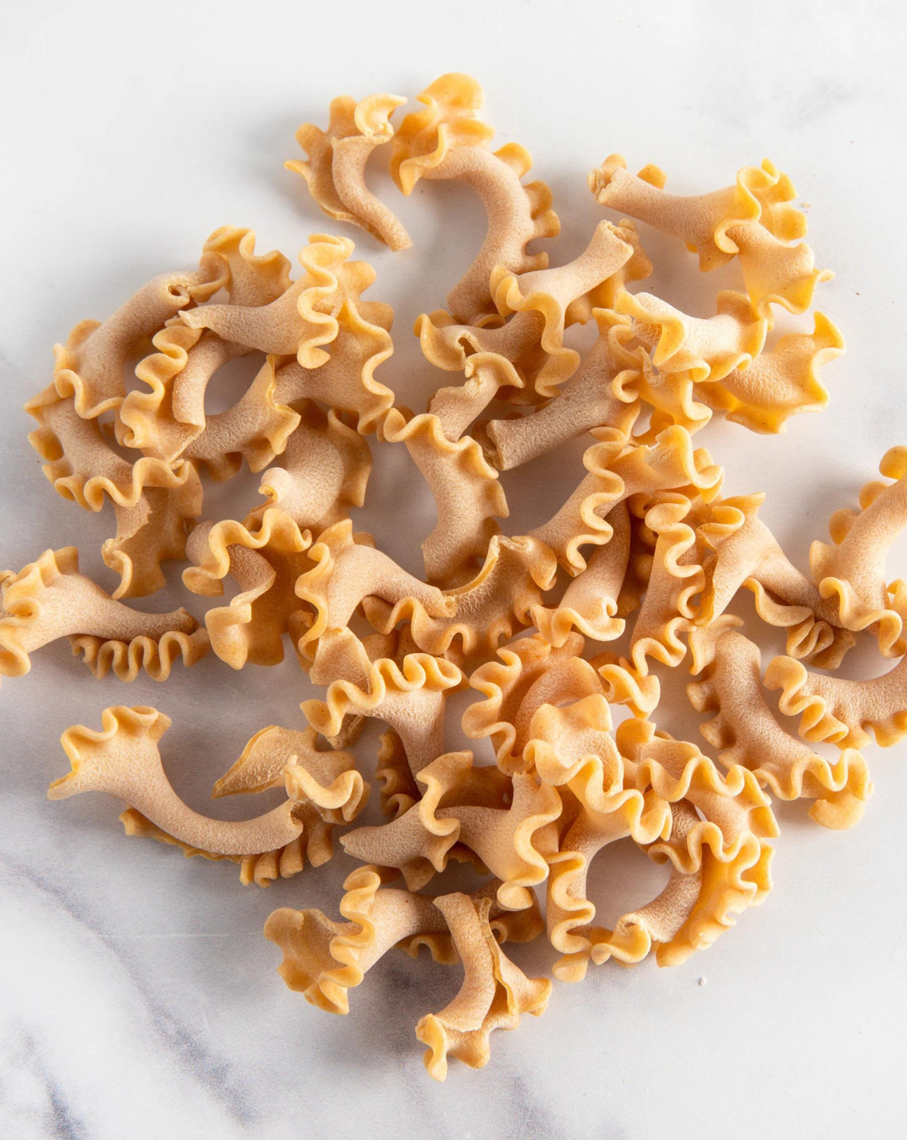 Loose trumpet chantrelle pasta on marble table