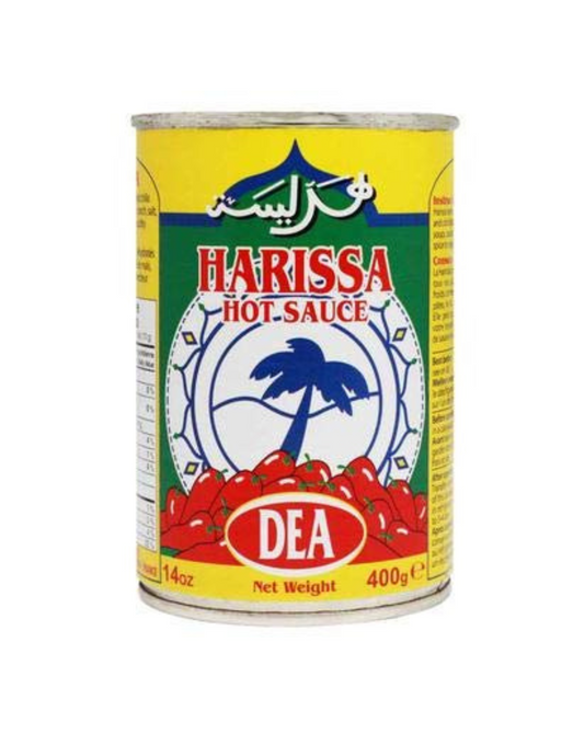 A yellow can of dea harrisa hot sauce